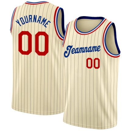 Personalized Black Cream Pinstripe Red-Royal Basketball Jersey for Men Personalized Cream Black Pinstripe Red-Royal Basketball