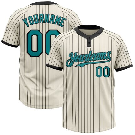 Personalized Teal Softball Jersey Unisex Two-Button Cream Black Pinstripe Personalized Cream Black Pinstripe Teal Two-Button