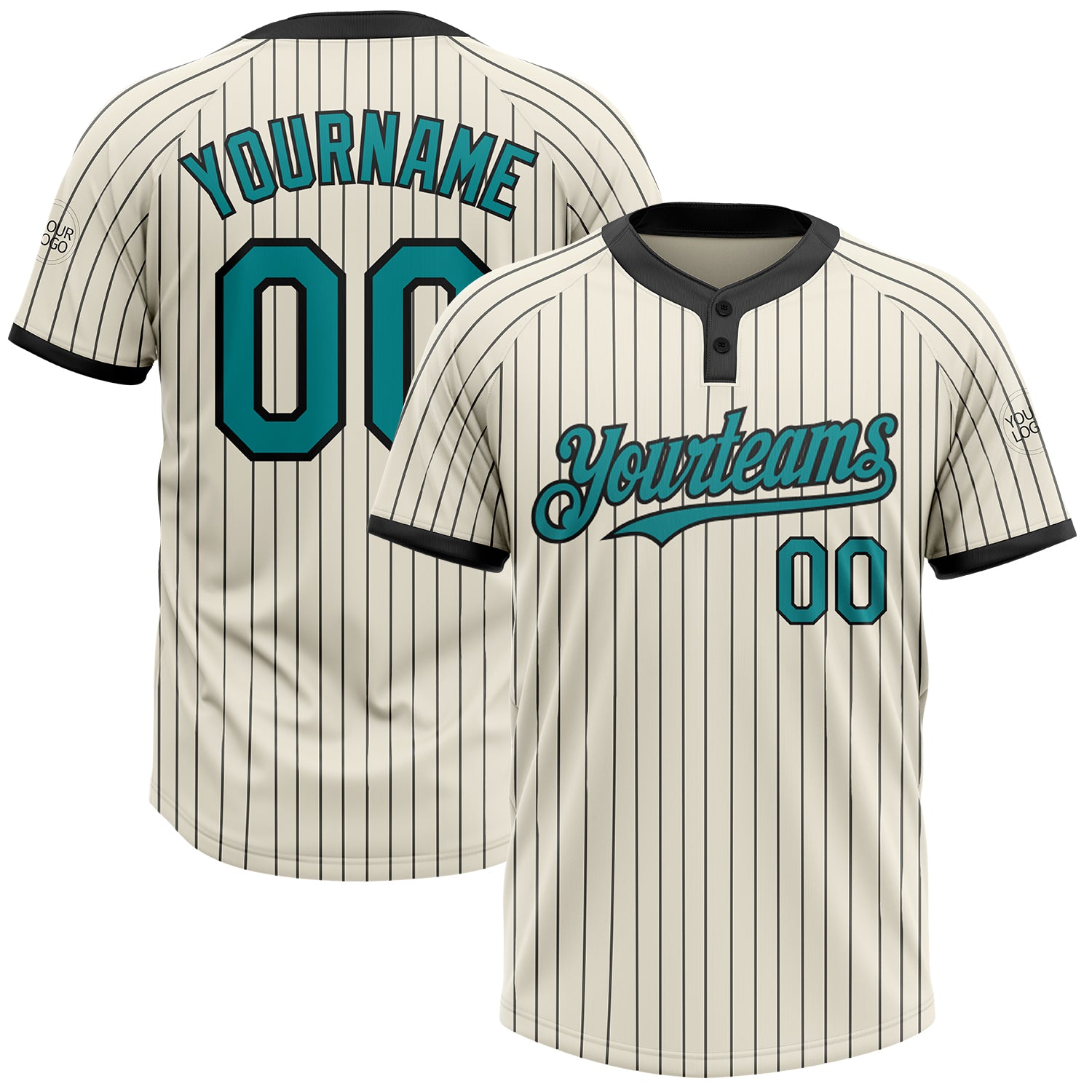 Custom Team Softball Jersey Personalized Two-Button Unisex in Cream Black Pinstripe with Teal Name and Number Personalized