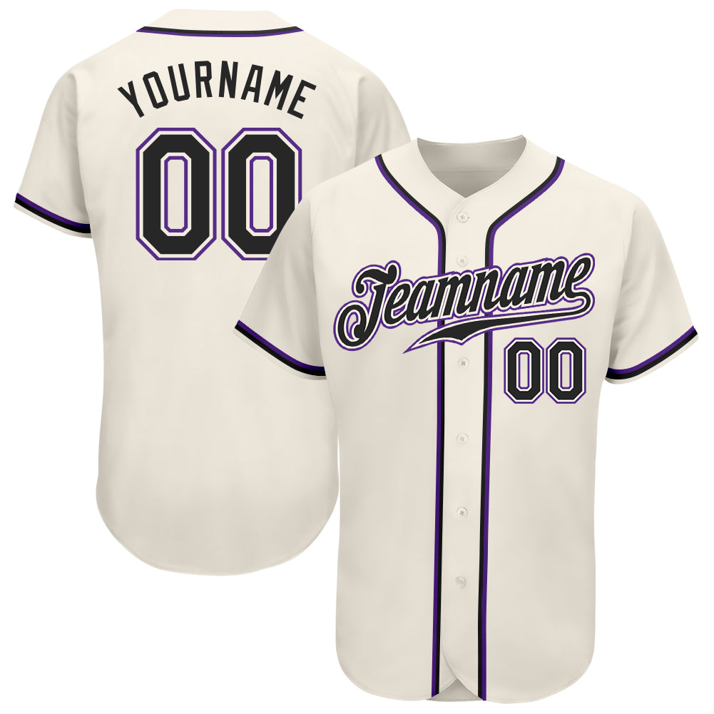 Custom Name and Number Authentic Baseball Jersey in Cream, Black, and Purple - Personalized Team Apparel Personalized Cream
