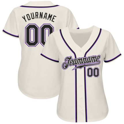 Custom Name and Number Authentic Baseball Jersey in Cream, Black, and Purple - Personalized Team Apparel Personalized Cream