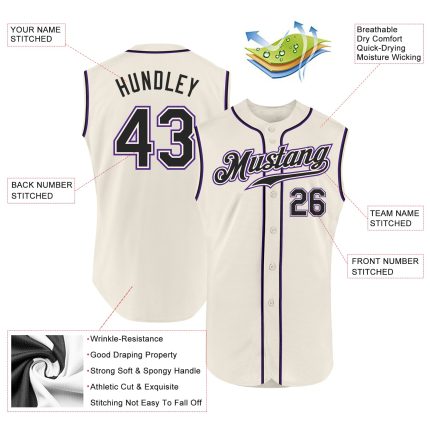 Custom Name and Number Black-Purple Cream Sleeveless Baseball Jersey - Personalized Authentic Team Apparel Personalized Cream