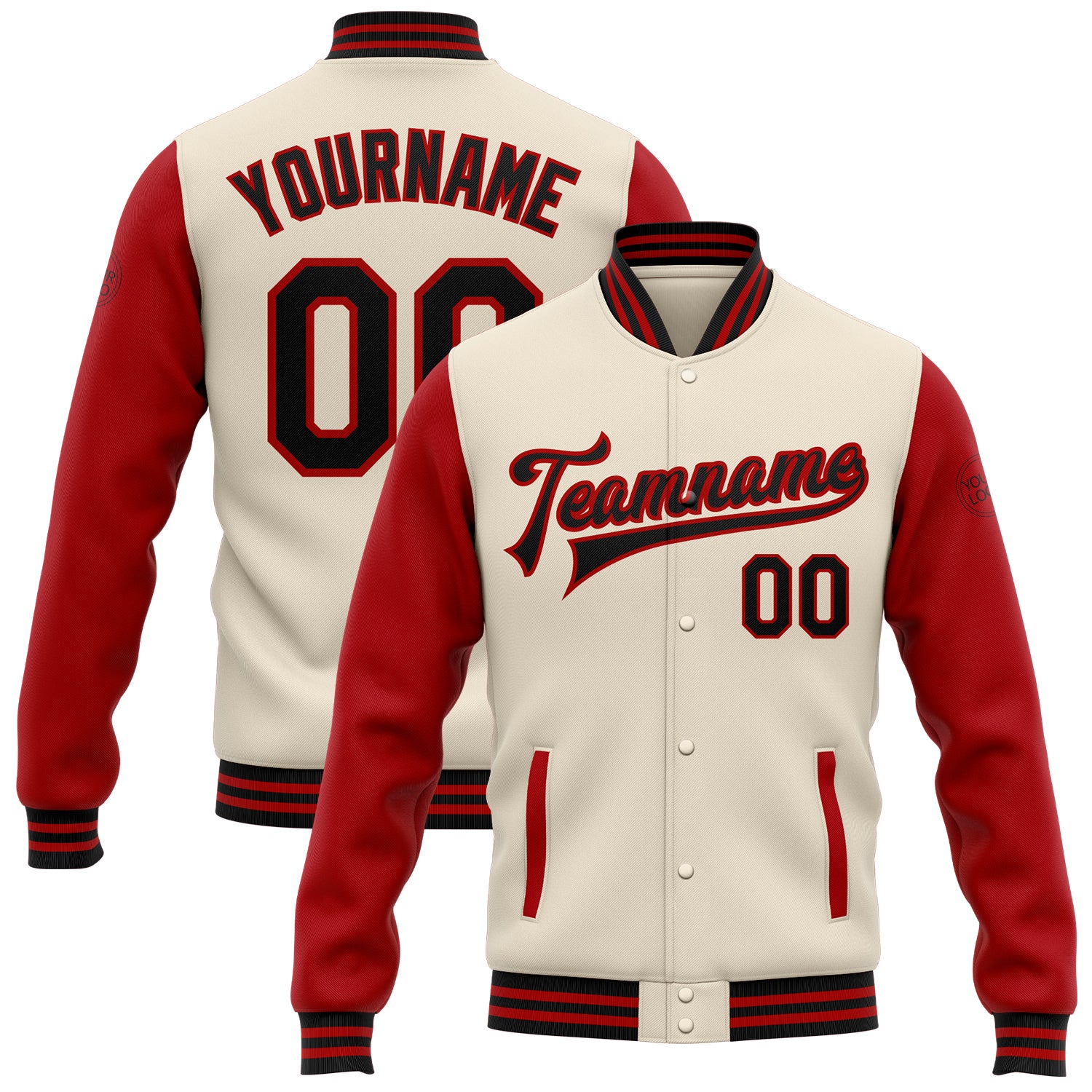Custom Name Number Varsity Bomber Jacket Two Tone Cream Black Red Full-Snap Letterman Personalized Cream Black-Red Bomber