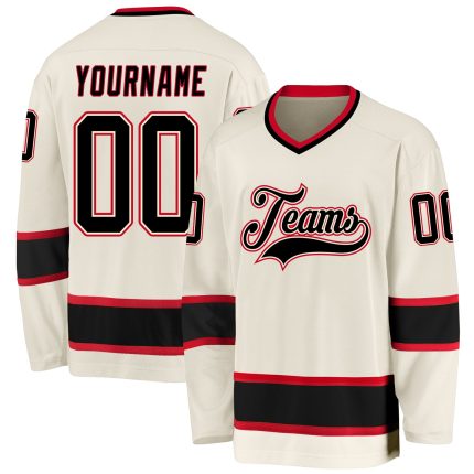 Custom Name and Number Hockey Jersey - Personalized Cream Black-Red Team Jersey Personalized Cream Black-Red Hockey Jersey