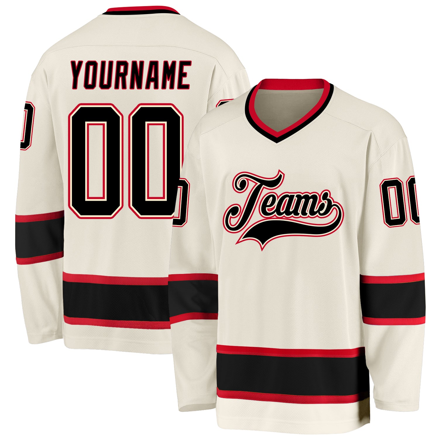 Custom Name and Number Hockey Jersey - Personalized Cream Black-Red Team Jersey Personalized Cream Black-Red Hockey Jersey