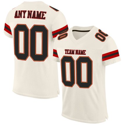 Custom Authentic Football Jersey with Personalized Name & Number - Cream Black-Red Mesh Personalized Cream Black-Red Mesh