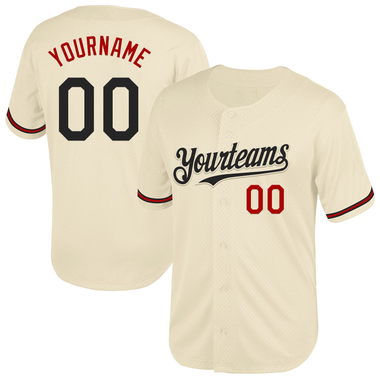 Personalized Black-Red Cream Mesh Baseball Jersey - Throwback Style Personalized Cream Black-Red Mesh Throwback Baseball