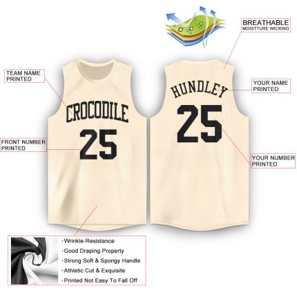Custom Name and Number Basketball Jersey - Personalized Cream and Black Round Neck Team Gear Personalized Cream Black Round