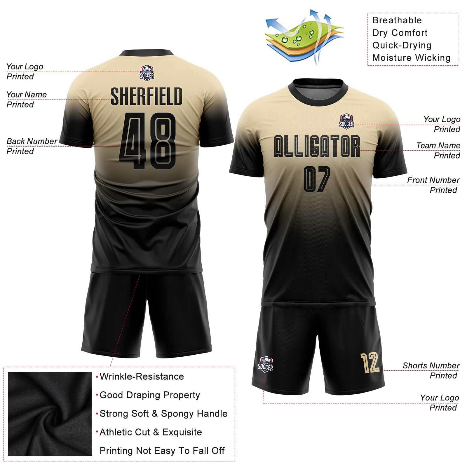 Personalized Cream Black Sublimation Fade Fashion Soccer Uniform Jersey Personalized Black Cream Fade Soccer Uniform Jersey for Fashion Players Personalized Cream Black Sublimation Fade Fashion - Image 3