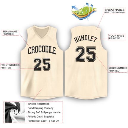 Custom Name and Number Basketball Jersey Personalized Cream Black V-Neck Personalized Cream Black V-Neck Basketball Jersey