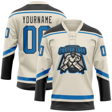 Custom Name and Number Hockey Jersey - Personalized Cream Blue-Black Lace Neck Team Jersey Personalized Cream Blue-Black