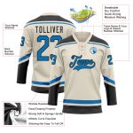 Personalized Hockey Jersey with Cream Blue-Black Lace Neck Design Personalized Cream Blue-Black Hockey Lace Neck Jersey