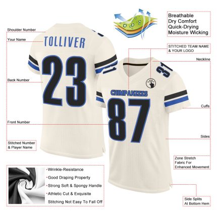 Custom Name and Number Personalized Blue-Black Mesh Football Jersey - Authentic Team Jersey Personalized Cream Blue-Black