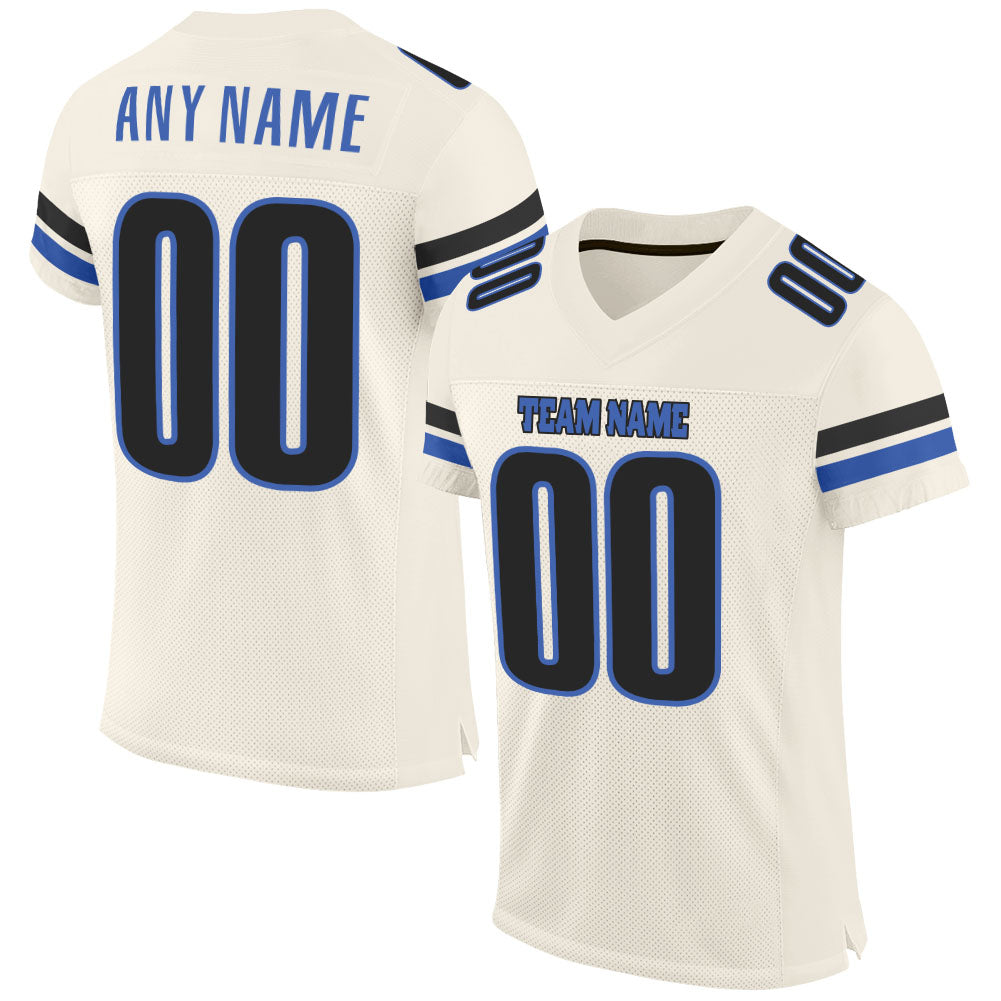 Personalized Blue Black Mesh Football Jersey - Custom Cream Color Jersey for Fans Personalized Cream Blue-Black Mesh Football