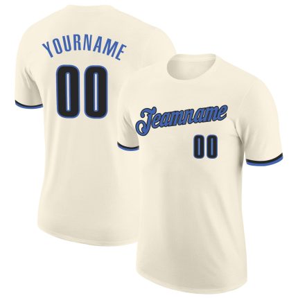 Custom Name and Number Performance T-Shirt in Cream Blue-Black - Personalized Team Apparel Personalized Cream Blue-Black