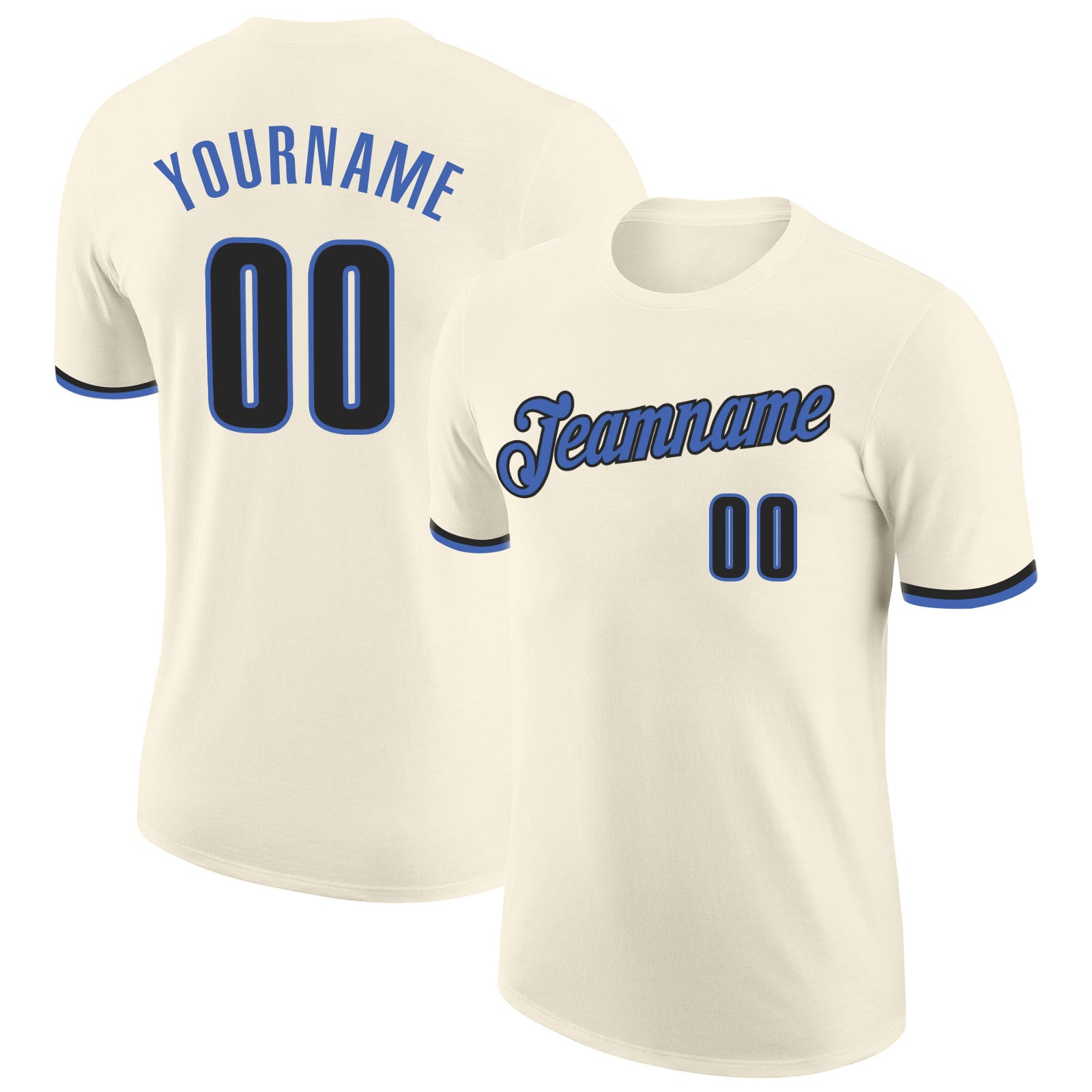 Custom Name and Number Performance T-Shirt in Cream Blue-Black - Personalized Team Apparel Personalized Cream Blue-Black