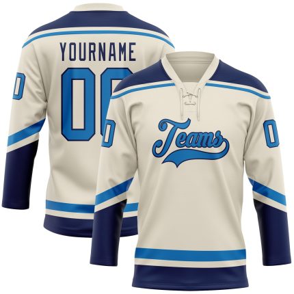 Personalized Blue Navy Hockey Jersey with Lace Neck - Cream Color Design Personalized Cream Blue-Navy Hockey Lace Neck Jersey