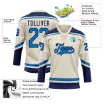 Personalized Blue Navy Hockey Jersey with Lace Neck - Cream Color Design Personalized Cream Blue-Navy Hockey Lace Neck Jersey