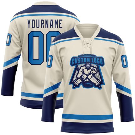 Personalized Blue Navy Hockey Jersey with Lace Neck - Cream Color Design Personalized Cream Blue-Navy Hockey Lace Neck Jersey