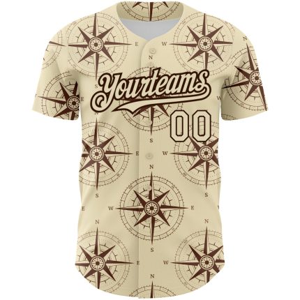 Custom Name and Number 3D Pattern Navigation Compass Baseball Jersey, Personalized Cream Brown Design Personalized Cream