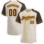 Custom Name and Number Personalized Brown-Gold Baseball Jersey with Raglan Sleeves Personalized Cream Brown-Gold Authentic