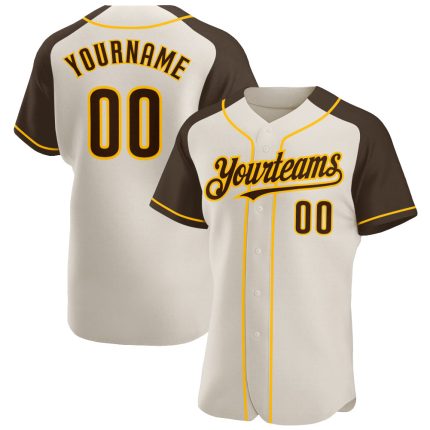 Custom Name and Number Personalized Brown-Gold Baseball Jersey with Raglan Sleeves Personalized Cream Brown-Gold Authentic