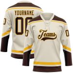 Personalized Brown-Gold Hockey Lace Neck Jersey - Custom Team Jersey Personalized Cream Brown-Gold Hockey Lace Neck Jersey