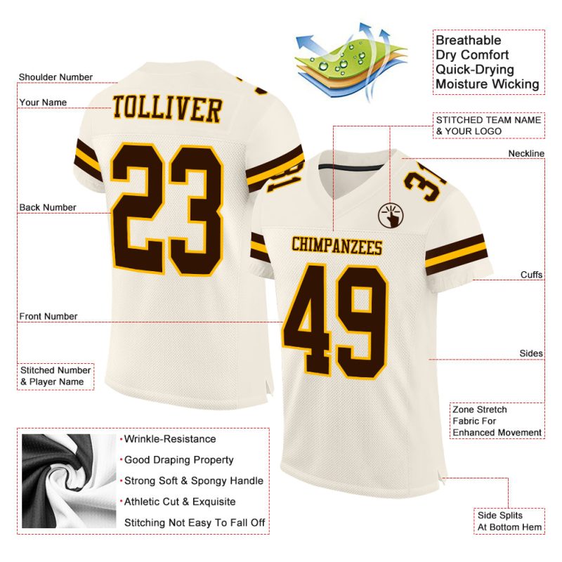 Custom Brown Gold Mesh Football Jersey with Personalized Name and Number - Authentic Team Gear Personalized Cream Brown-Gold