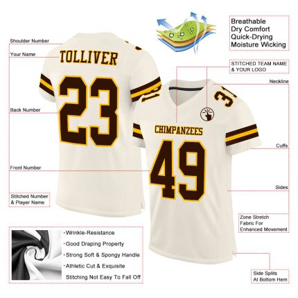 Custom Cream Brown Gold Mesh Football Jersey - Personalized Sports Apparel Personalized Cream Brown-Gold Mesh Football Jersey