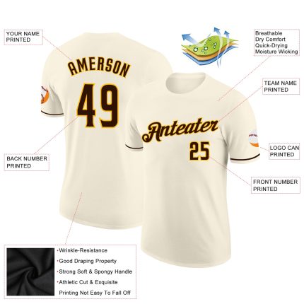Custom Name and Number Cream Brown-Gold Performance T-Shirt for Teams Personalized Cream Brown-Gold Performance T-Shirt Team