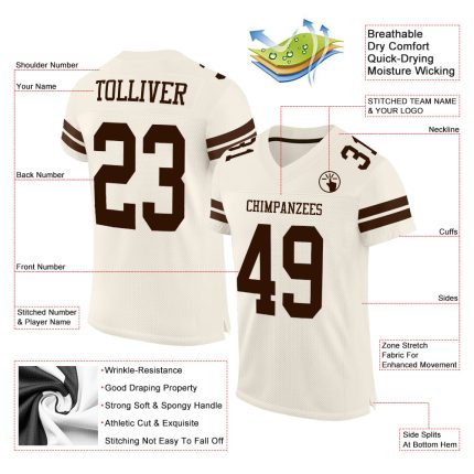 Personalized Cream Brown Football Jersey - Custom Mesh Sports Apparel Personalized Cream Brown Mesh Football Jersey