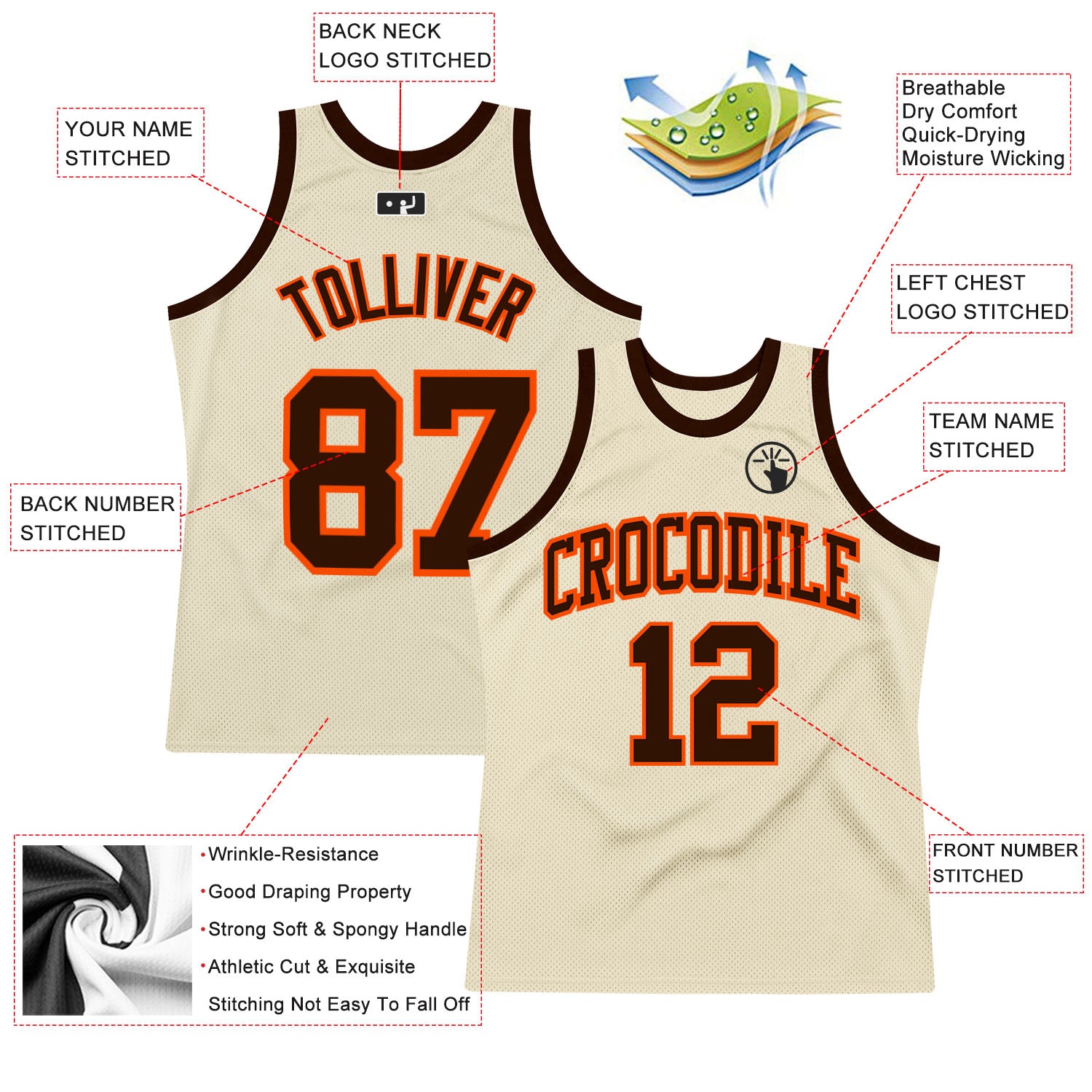 Personalized Cream Brown-Orange Authentic Throwback Basketball Jersey Team Custom Name and Number Customizable Brown-Orange Authentic Basketball Jersey with Personalized Name and Number - Team Spirit Wear Personalized Cream - Image 2