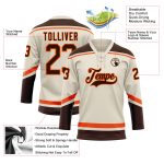 Personalized Brown Orange Hockey Jersey with Lace Neck, Custom Team Apparel Personalized Cream Brown-Orange Hockey Lace Neck