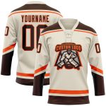 Personalized Brown Orange Hockey Jersey with Lace Neck, Custom Team Apparel Personalized Cream Brown-Orange Hockey Lace Neck