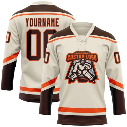 Personalized Brown Orange Hockey Jersey with Lace Neck, Custom Team Apparel Personalized Cream Brown-Orange Hockey Lace Neck