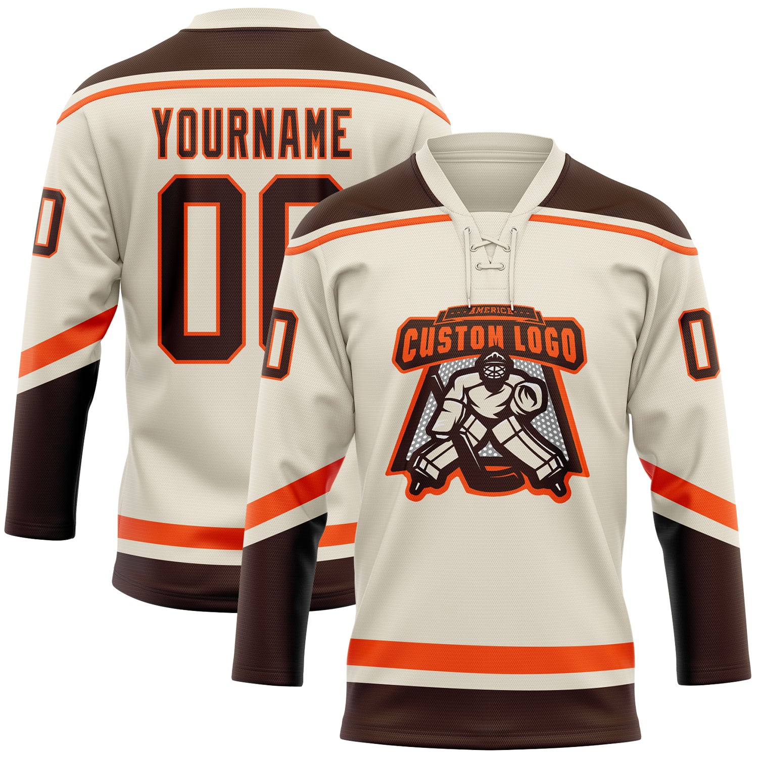 Personalized Cream Brown-Orange Hockey Lace Neck Jersey Team Custom Name and Number Custom Name and Number Personalized Hockey Lace Neck Jersey in Cream Brown-Orange - Team Colors Personalized Cream Brown-Orange - Image 2