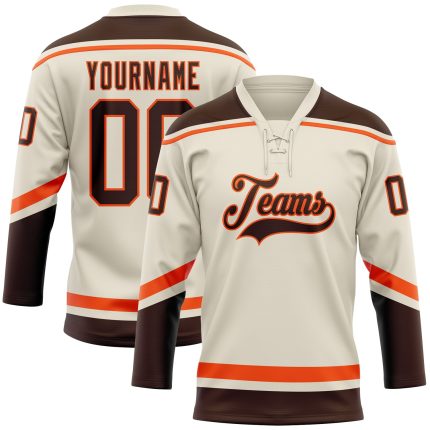 Custom Name and Number Personalized Hockey Lace Neck Jersey in Cream Brown-Orange - Team Colors Personalized Cream Brown-Orange