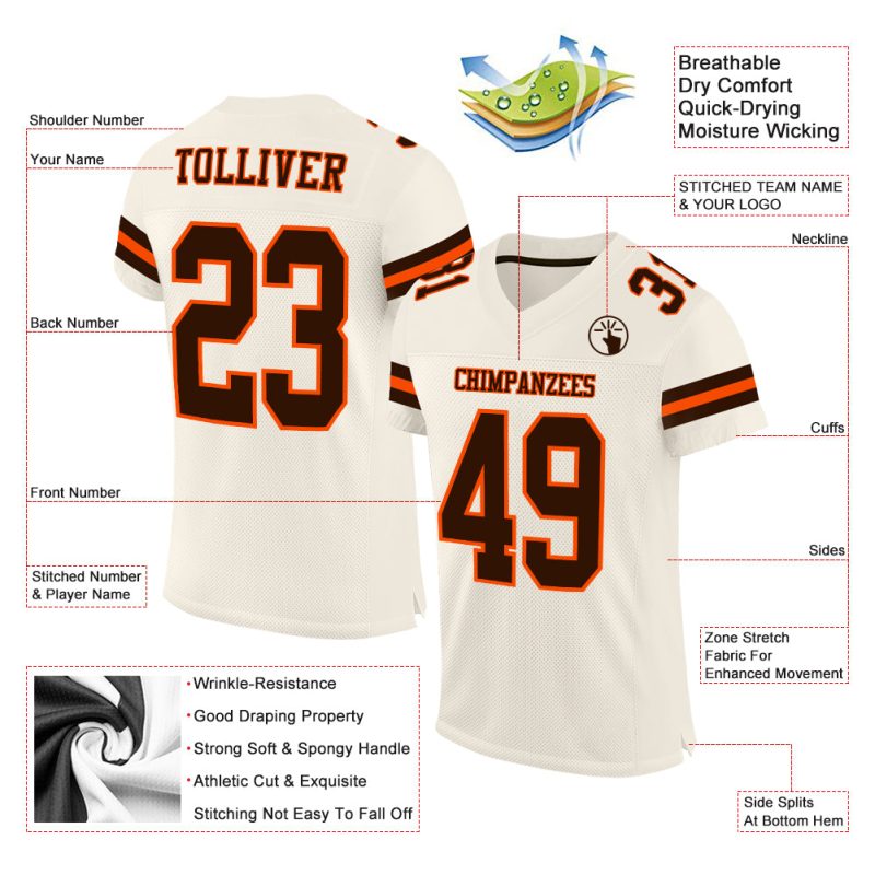 Customizable Cream Brown-Orange Football Jersey with Name and Number - Authentic Team Gear Personalized Cream Brown-Orange