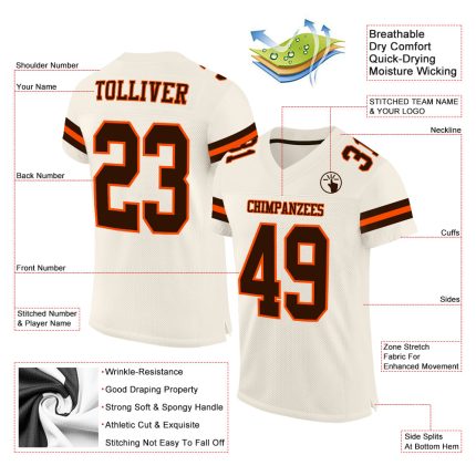 Personalized Cream Brown Orange Football Jersey - Custom Mesh Team Apparel Personalized Cream Brown-Orange Mesh Football
