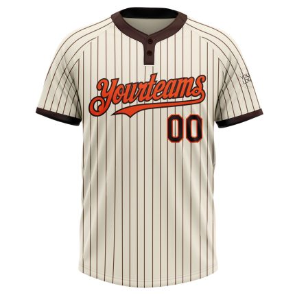 Custom Unisex Softball Jersey with Personalized Name and Number - Cream Brown Pinstripe, Two-Button Orange Design Personalized