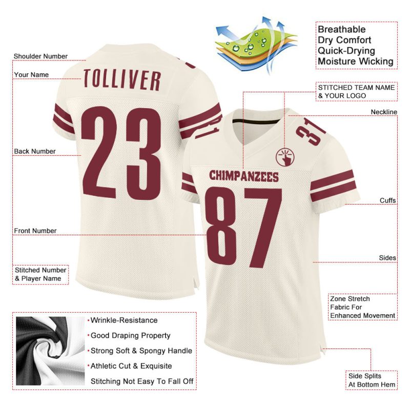 Custom Name and Number Burgundy Mesh Football Jersey - Personalized Authentic Team Gear Personalized Cream Burgundy Mesh