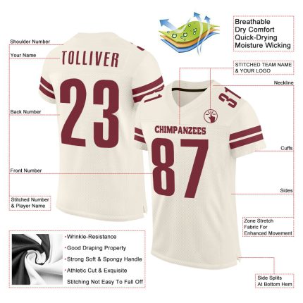Custom Cream Burgundy Football Jersey Mesh Design Personalized Cream Burgundy Mesh Football Jersey