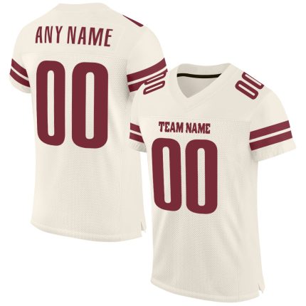 Custom Cream Burgundy Football Jersey Mesh Design Personalized Cream Burgundy Mesh Football Jersey