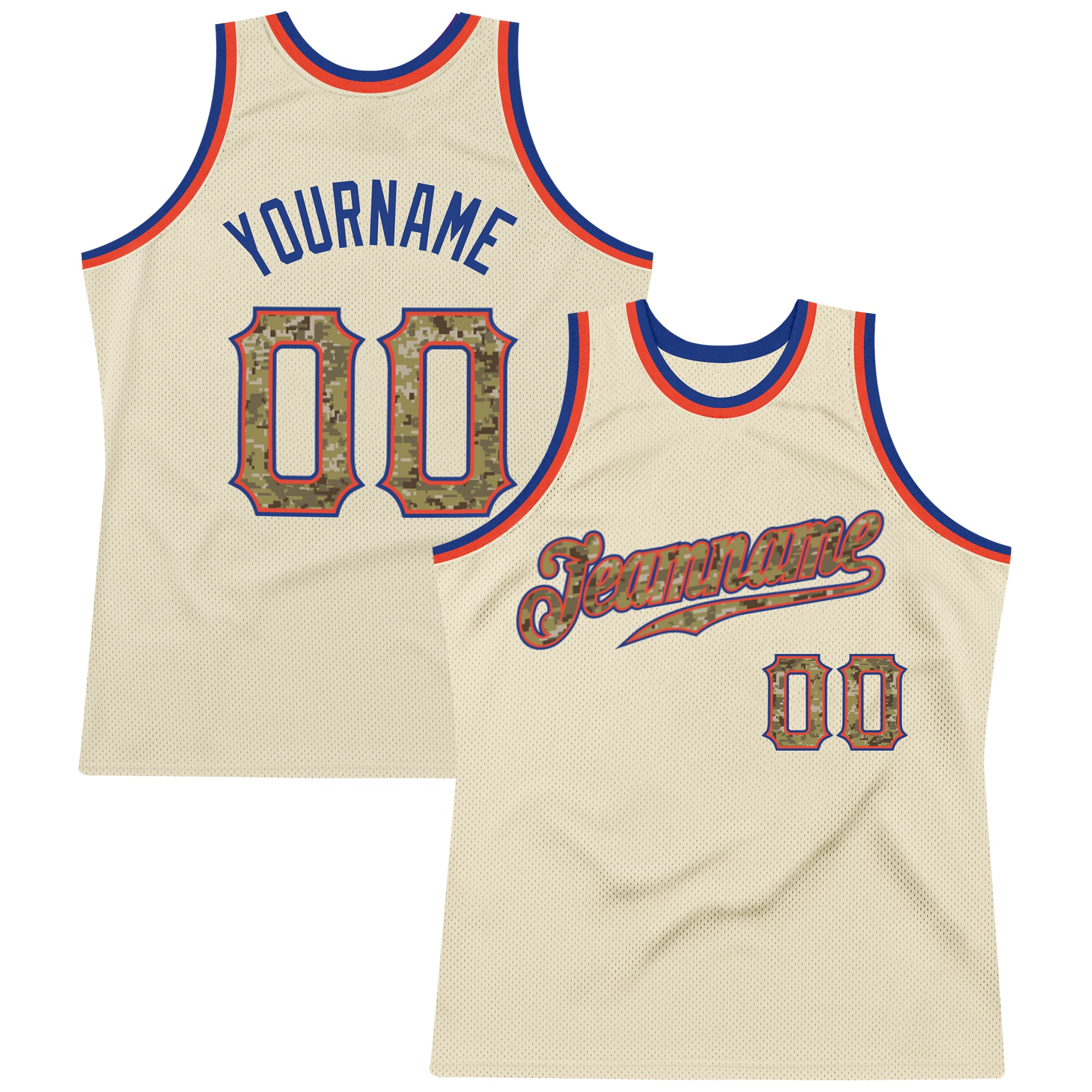 Custom Name and Number Personalized Cream Camo-Royal Basketball Jersey - Authentic Throwback Style Personalized Cream Camo-Royal