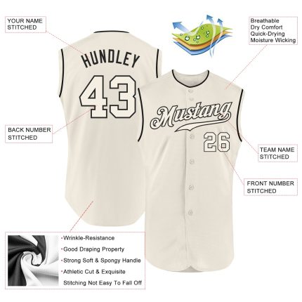 Custom Name and Number Authentic Baseball Jersey - Personalized Cream and Black Sleeveless Team Jersey Personalized Cream