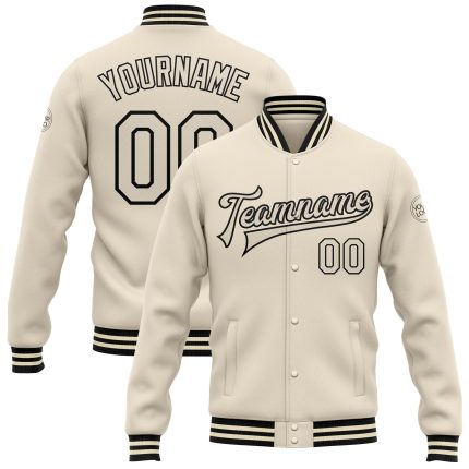 Personalized Cream Black Varsity Letterman Bomber Jacket Full-Snap Personalized Cream Cream-Black Bomber Full-Snap Varsity