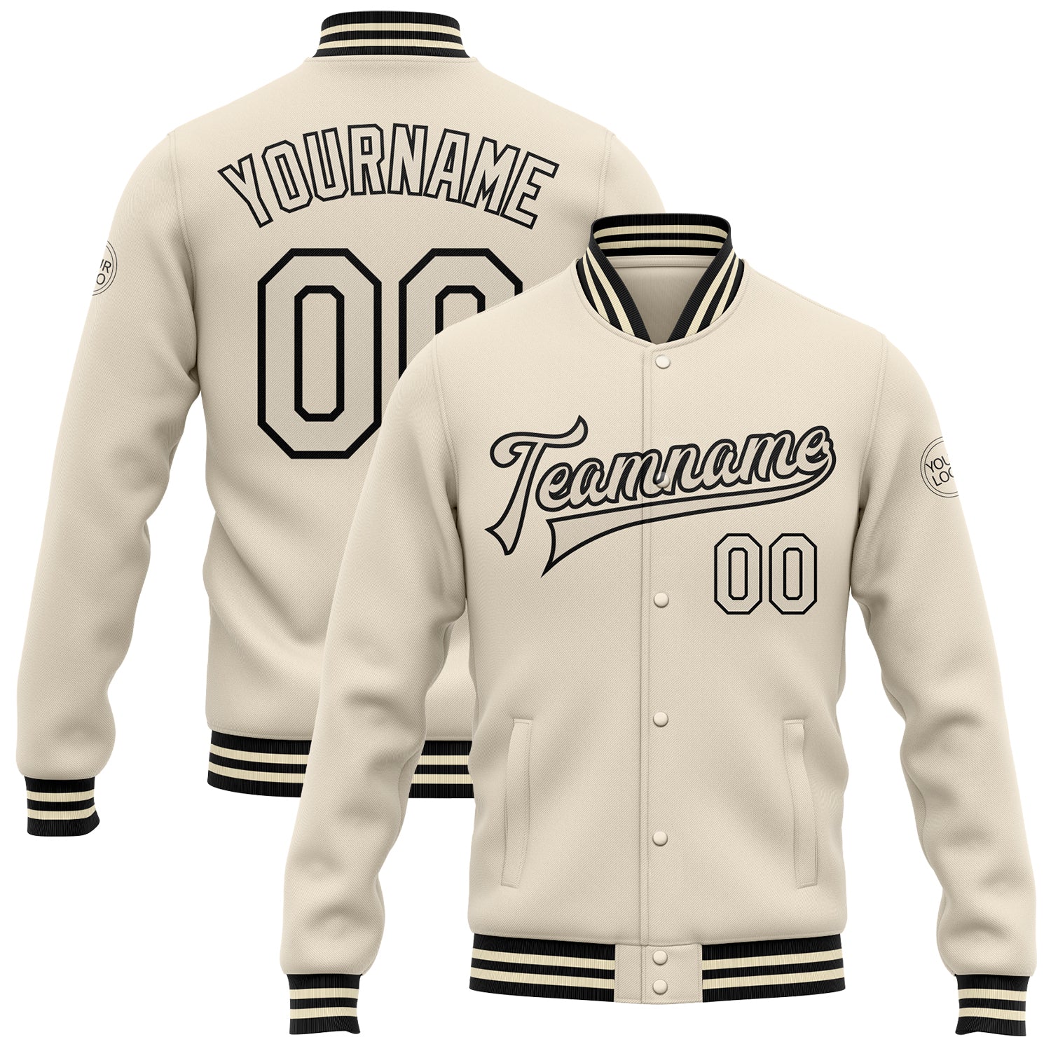 Custom Personalized Bomber Varsity Jacket with Name & Number - Cream and Black Full-Snap Letterman Style Personalized Cream