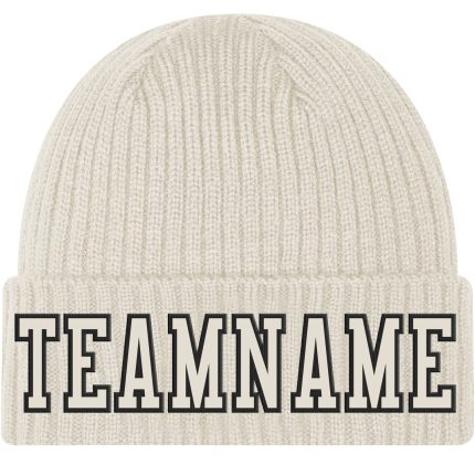Personalized Cuffed Knit Hat, Cream with Black Stitching - Custom Embroidered Beanie for Men and Women Personalized Cream