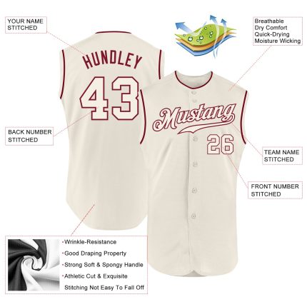 Custom Personalized Sleeveless Baseball Jersey - Cream-Crimson with Name & Number Personalized Cream Cream-Crimson Authentic