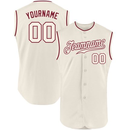 Custom Personalized Sleeveless Baseball Jersey - Cream-Crimson with Name & Number Personalized Cream Cream-Crimson Authentic